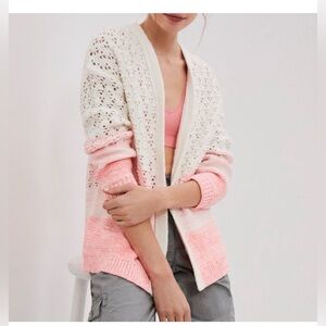 Anthropologie White Pink Ombré Open Front Knit Crochet Inspired Cardigan Sz XS
